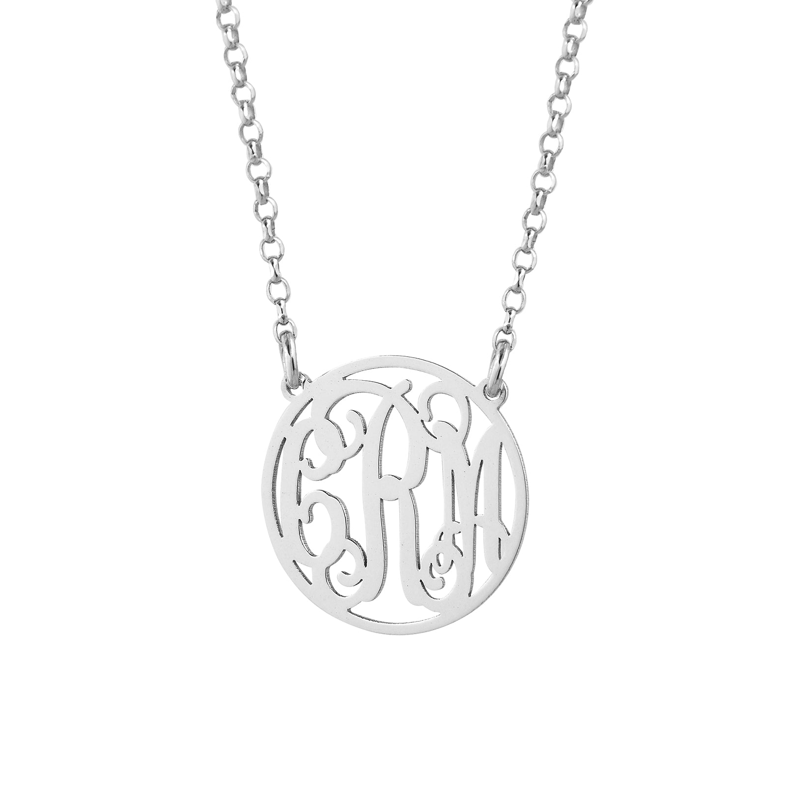 Personalized sterling silver 3-initial circle monogram necklace pendant on a Rolo chain