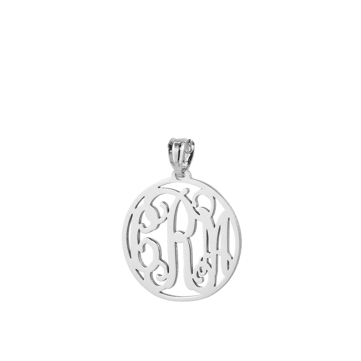 Sterling silver 3-initial circle monogram pendant showing custom laser-cut engraving