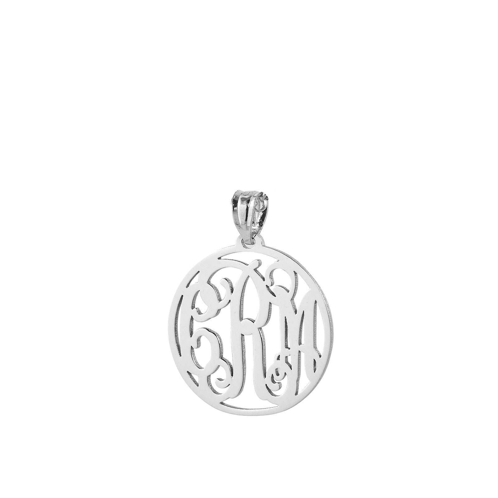 Sterling silver 3-initial circle monogram pendant showing custom laser-cut engraving