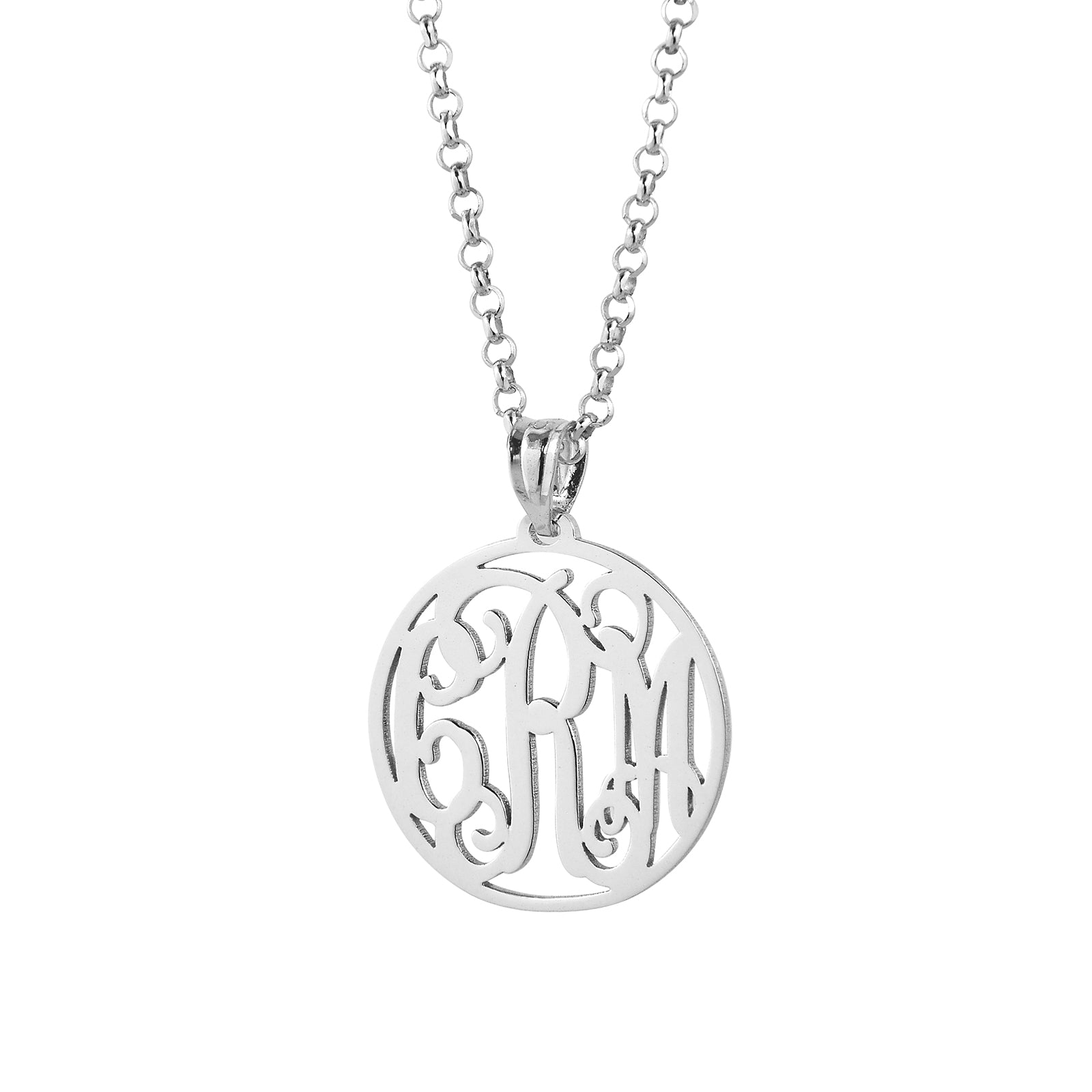 Front view of 3/4 inch sterling silver 3-initial circle monogram pendant with chain