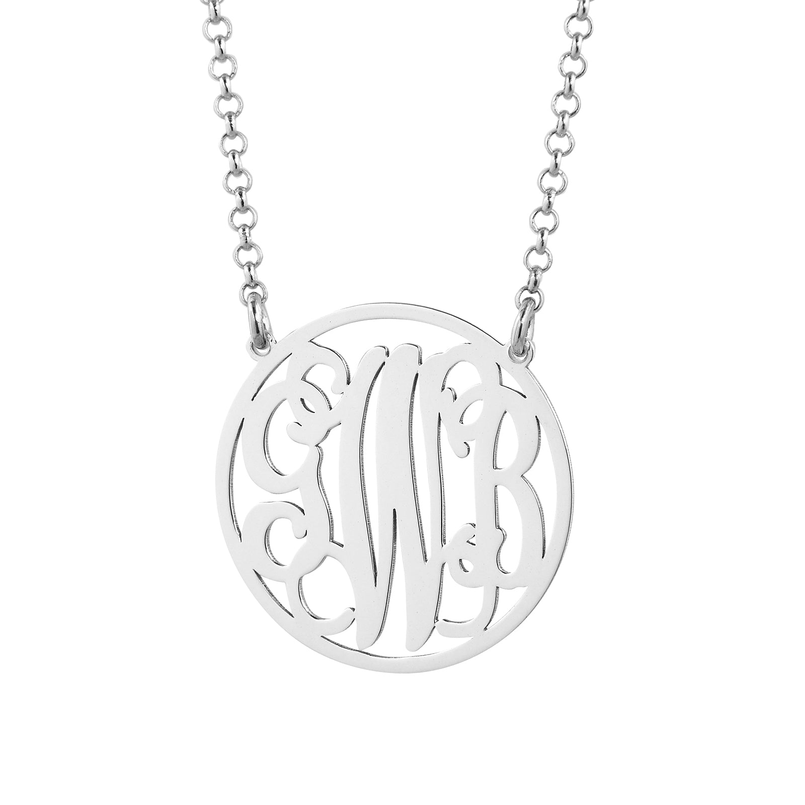 Personalized sterling silver 3-initial circle monogram necklace pendant on Rolo chain