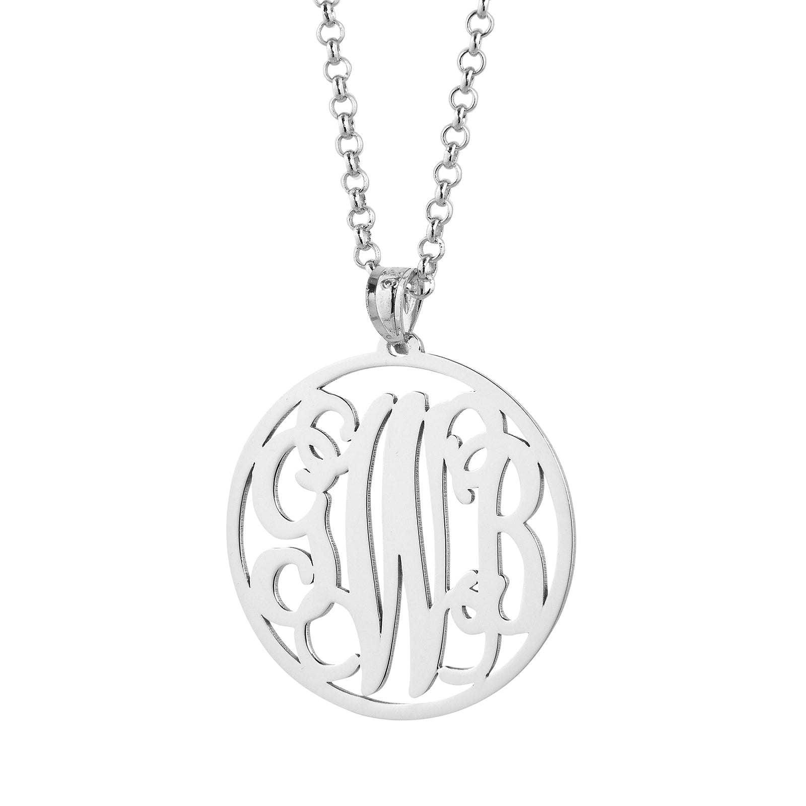 Personalized sterling silver 3-initial circle monogram pendant on a silver chain