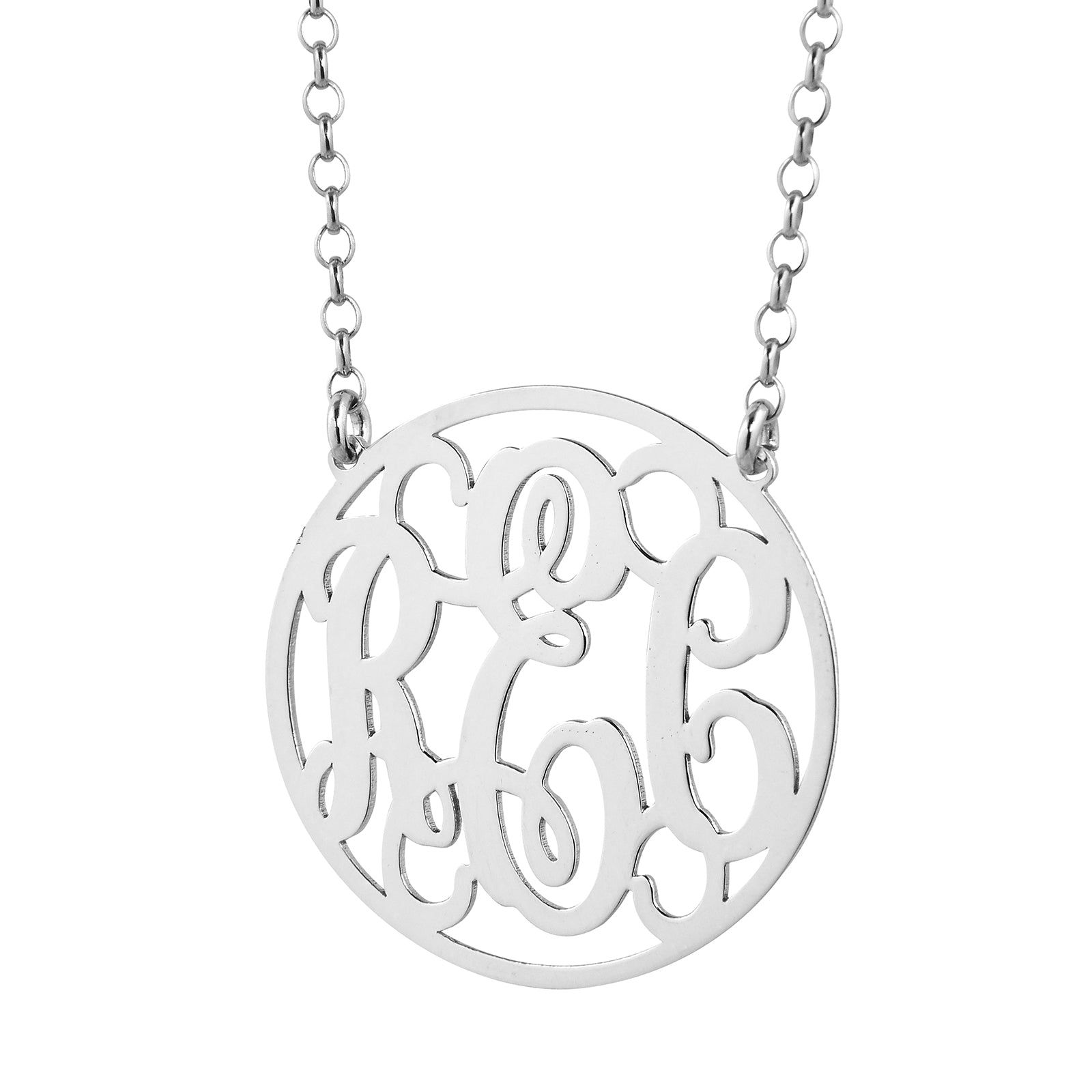 Solid sterling silver 1.25 inch round 3-initial circle monogram pendant necklace with 16-inch rolo chain