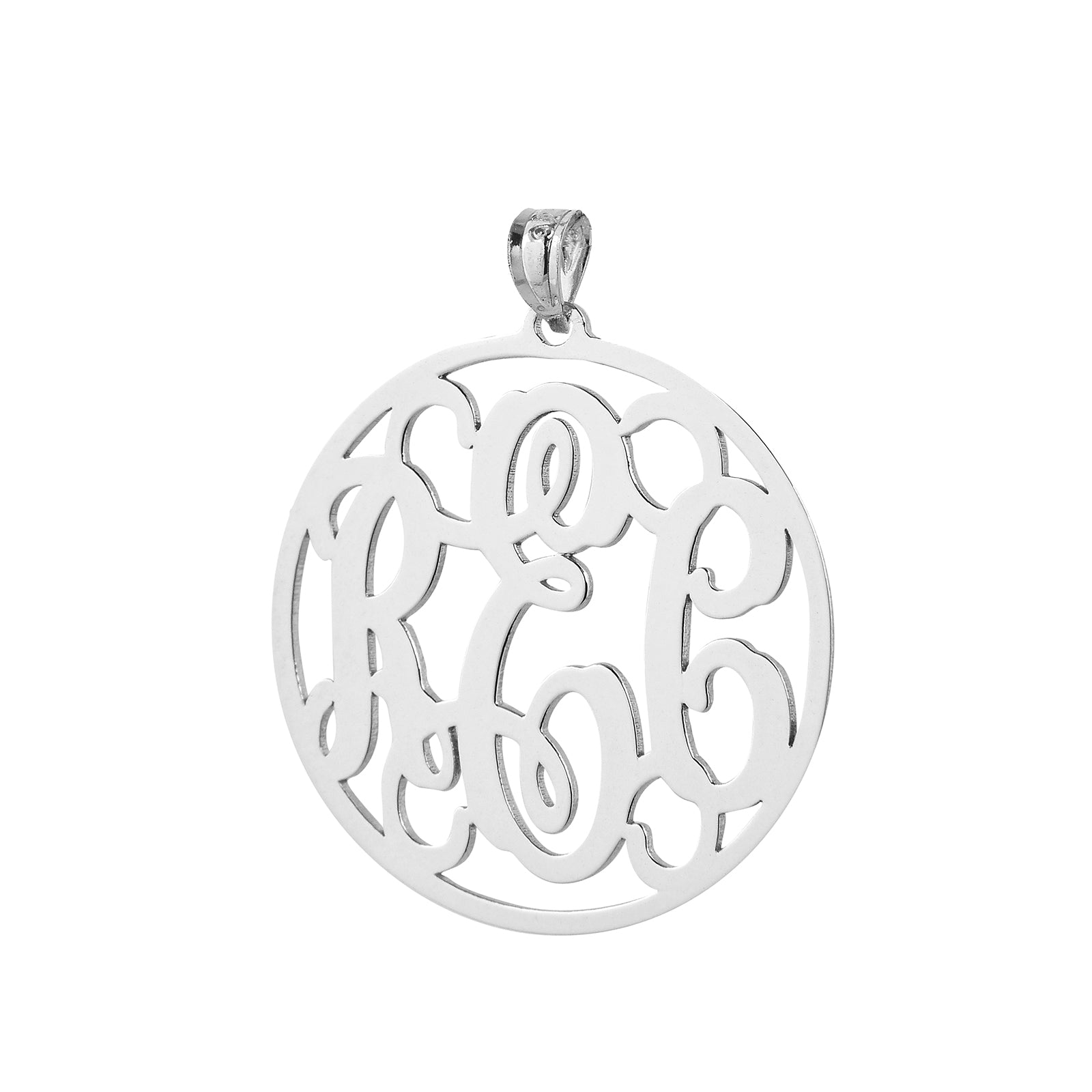 Custom 1.25-inch sterling silver 3-initial circle monogram pendant showing intricate laser-cut lettering details.