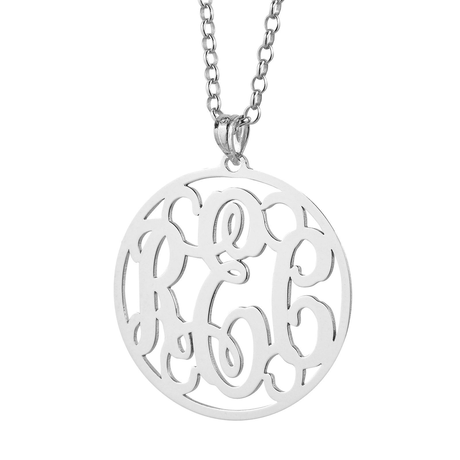 Front flat lay view of the round 3-initial laser-cut sterling silver monogram pendant.