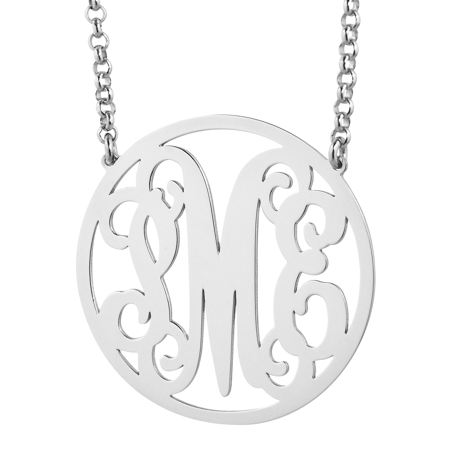 Personalized 1.5-inch sterling silver 3-initial circle monogram pendant necklace on chain
