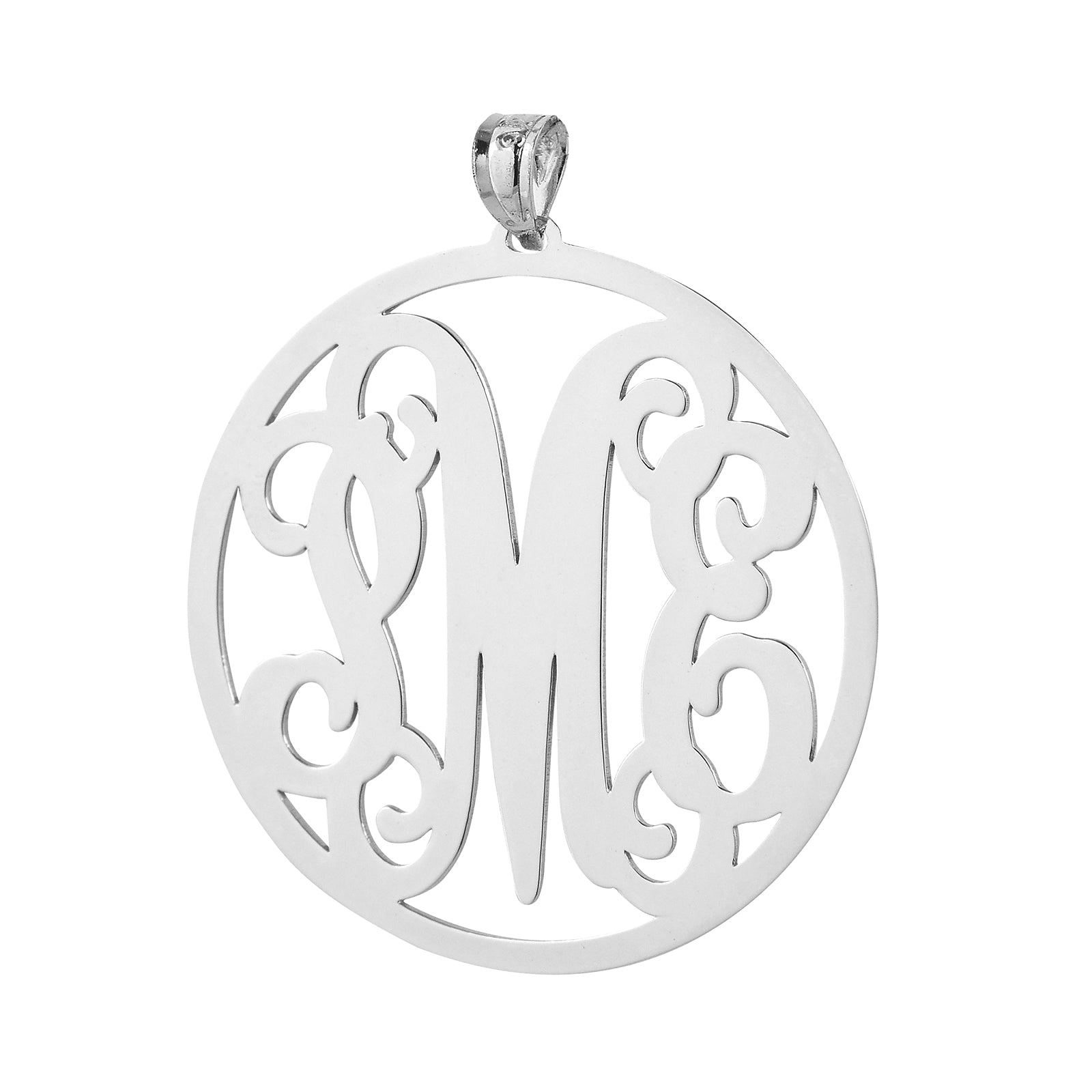 1.5-inch sterling silver 3-initial circle monogram pendant showcasing laser-cut initials.