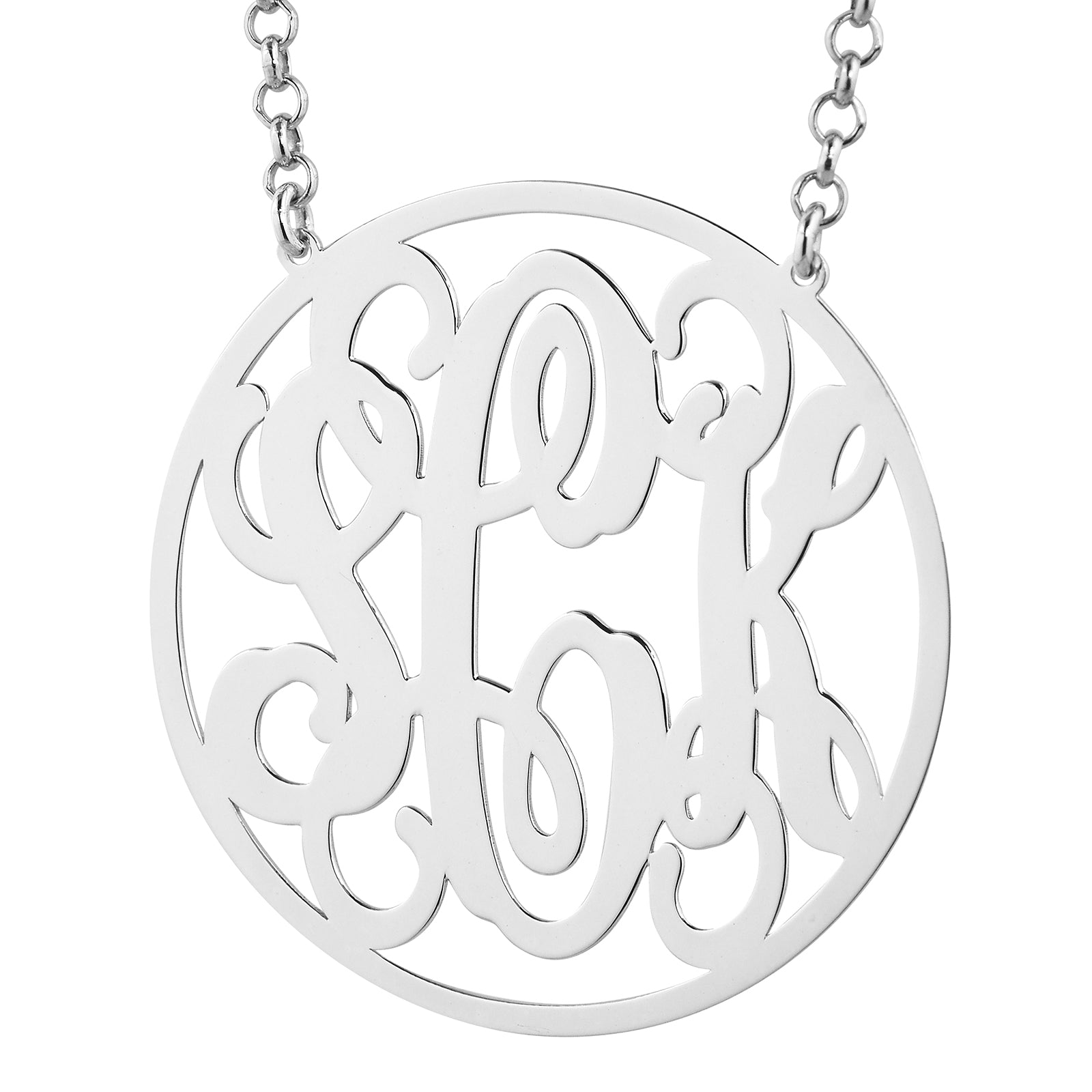 Custom 1.75-inch sterling silver circle monogram necklace featuring laser-cut 3-initial cursive script on a rolo chain.