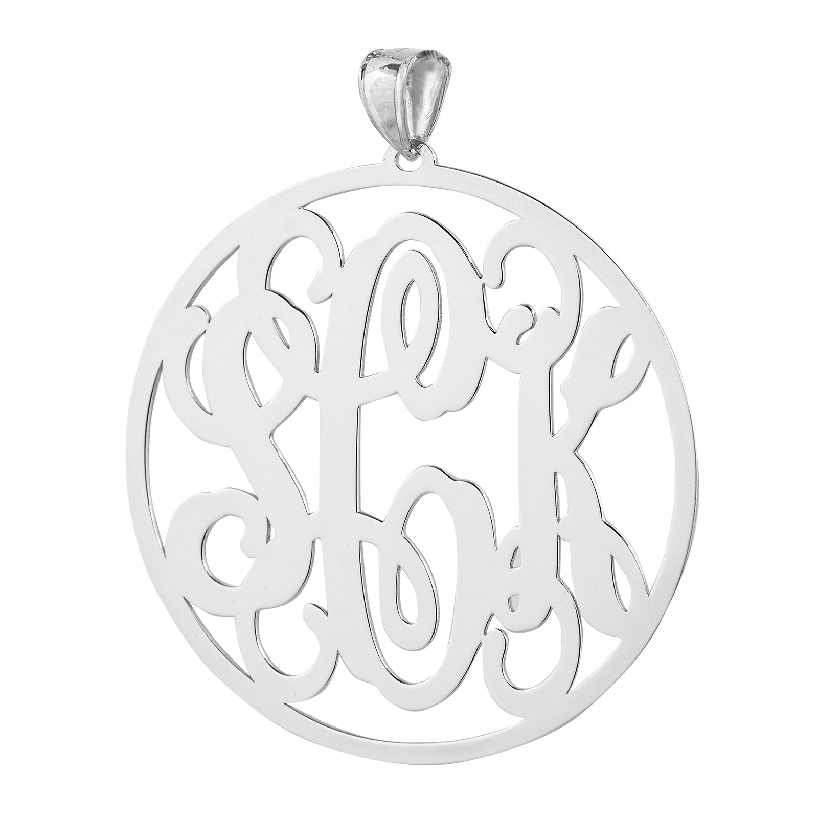 1.75-inch personalized 925 sterling silver circle monogram pendant with laser-cut 3-initial script design on a plain white background.
