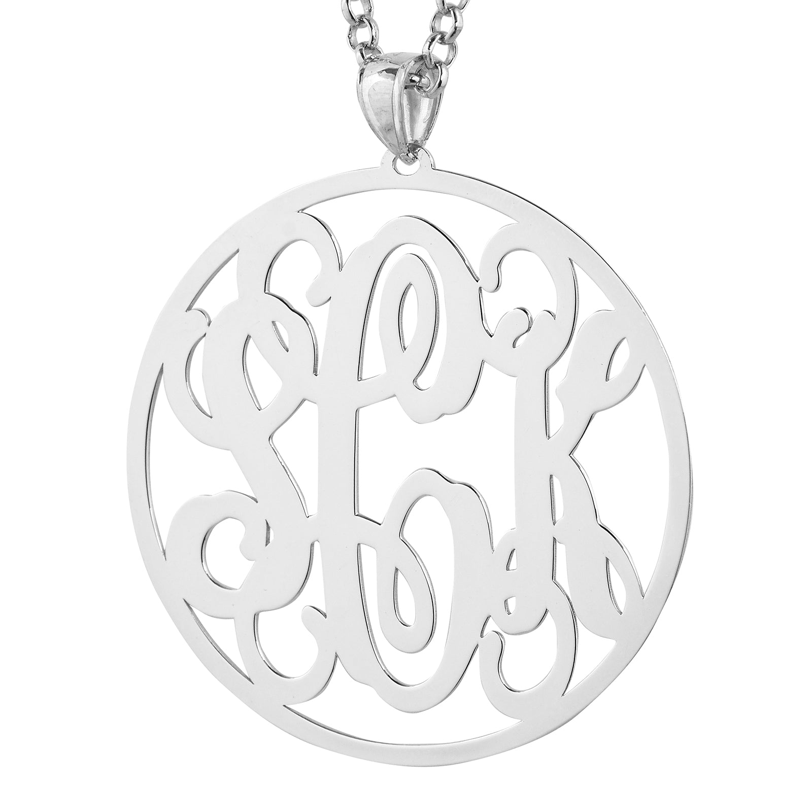 Detailed close-up of a laser-cut 925 sterling silver 3-initial circle monogram pendant showing polished finish and intricate cursive script.