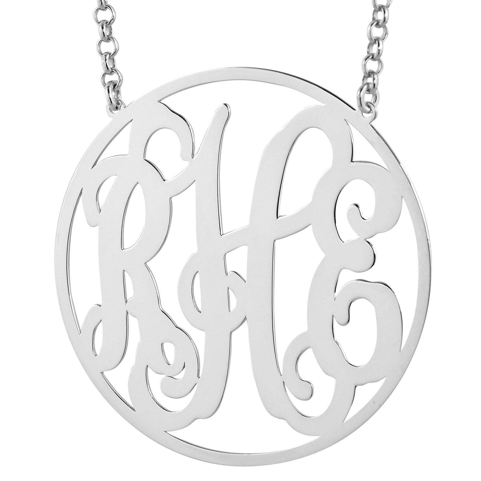 Personalized 2-inch sterling silver 3-initial circle monogram pendant on a 16-inch rolo chain.