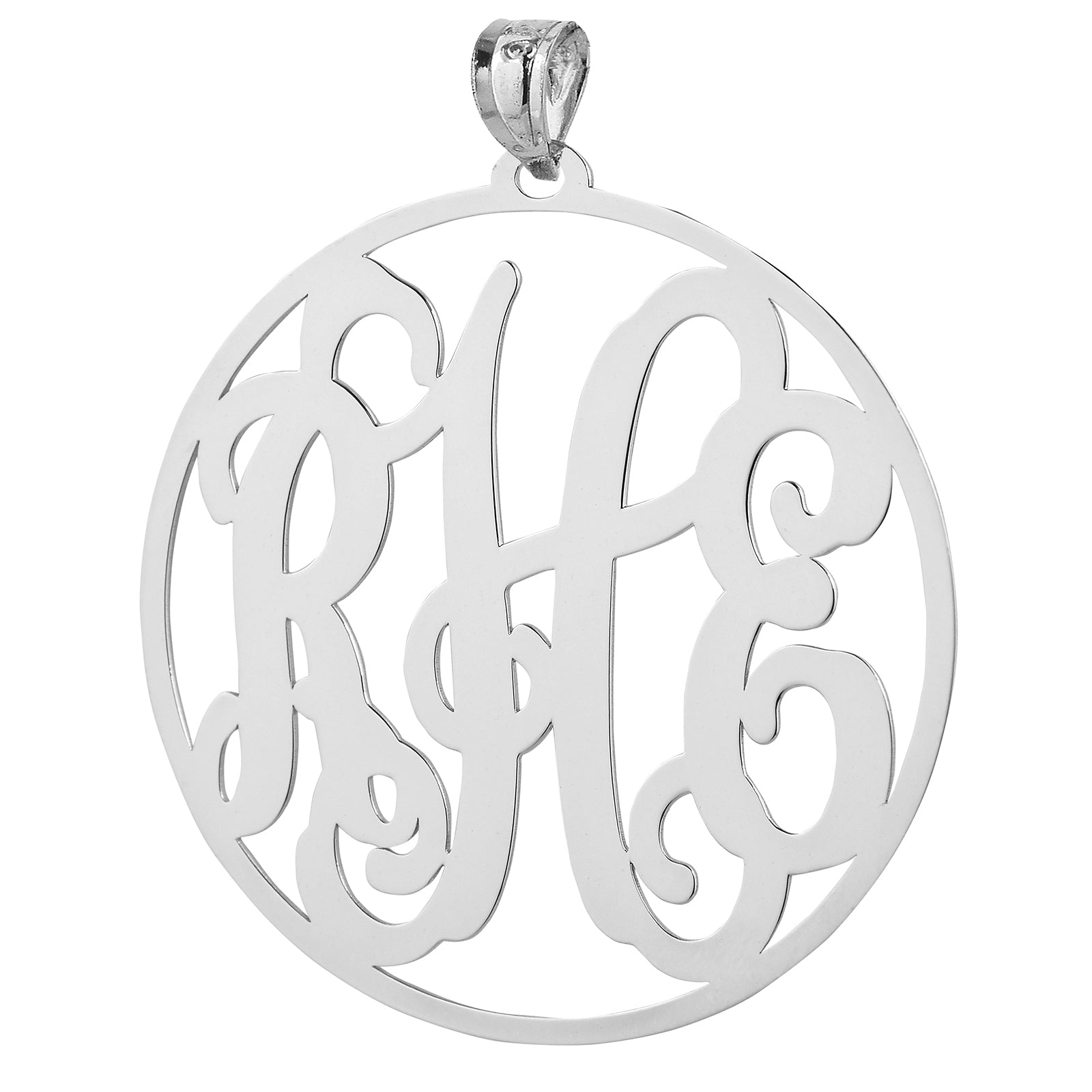 Custom 2-inch sterling silver 3-initial circle monogram pendant showing intricate cursive lettering with top bail.