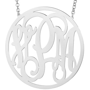Personalized 2.5-inch sterling silver 3-initial circle monogram pendant featuring intricate laser-cut cursive lettering on a silver chain.