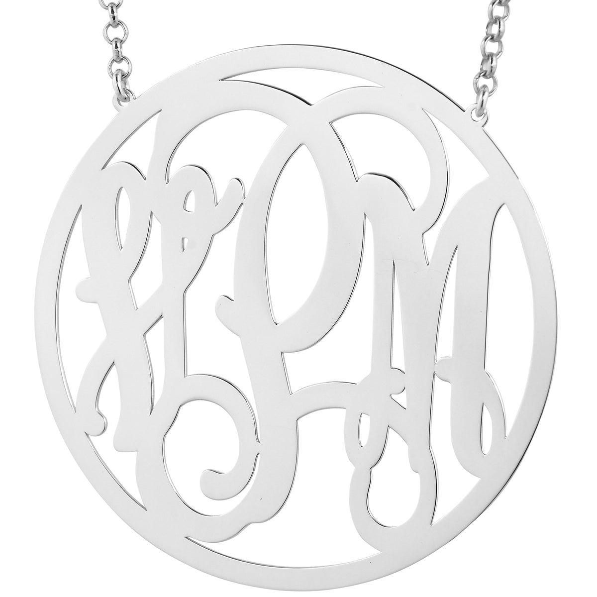 Personalized 2.5-inch sterling silver 3-initial circle monogram pendant featuring intricate laser-cut cursive lettering on a silver chain.