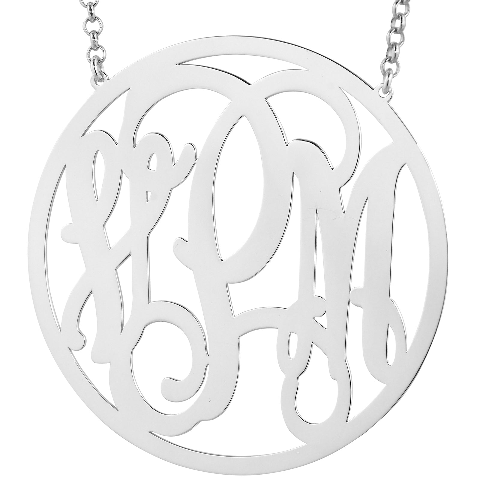 Personalized 2.5-inch sterling silver 3-initial circle monogram pendant featuring intricate laser-cut cursive lettering on a silver chain.