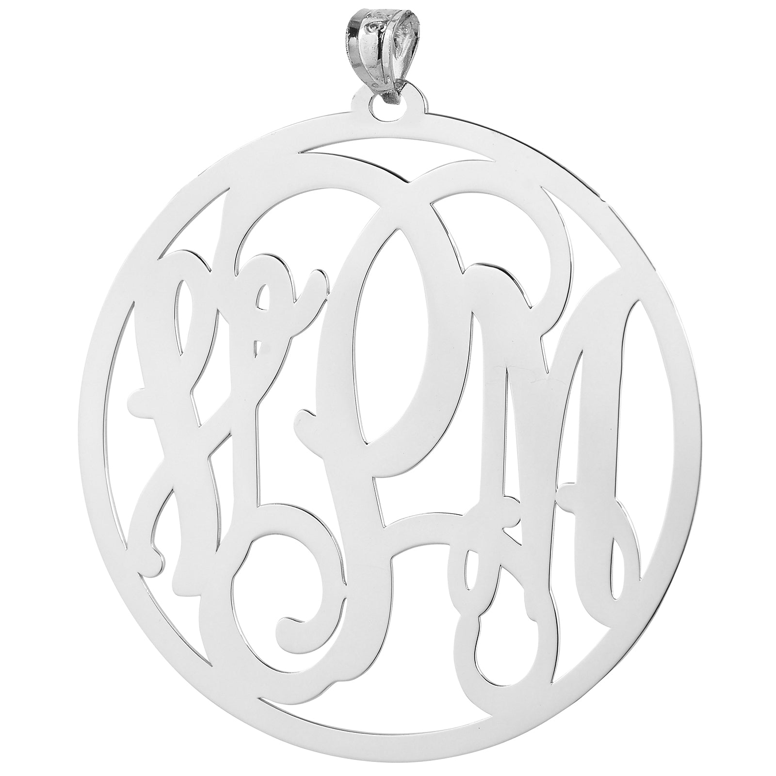 Sterling silver 2.5-inch 3-initial circle monogram pendant with intricate laser-cut scrollwork design.