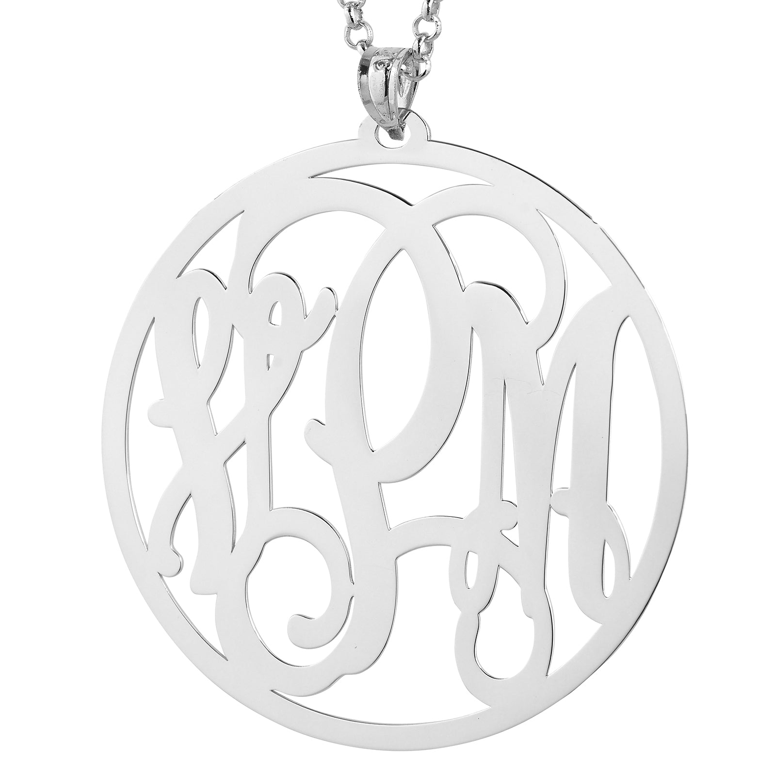 Front view of a 2.5-inch laser-cut sterling silver monogram pendant showing custom 3-initial lettering details.