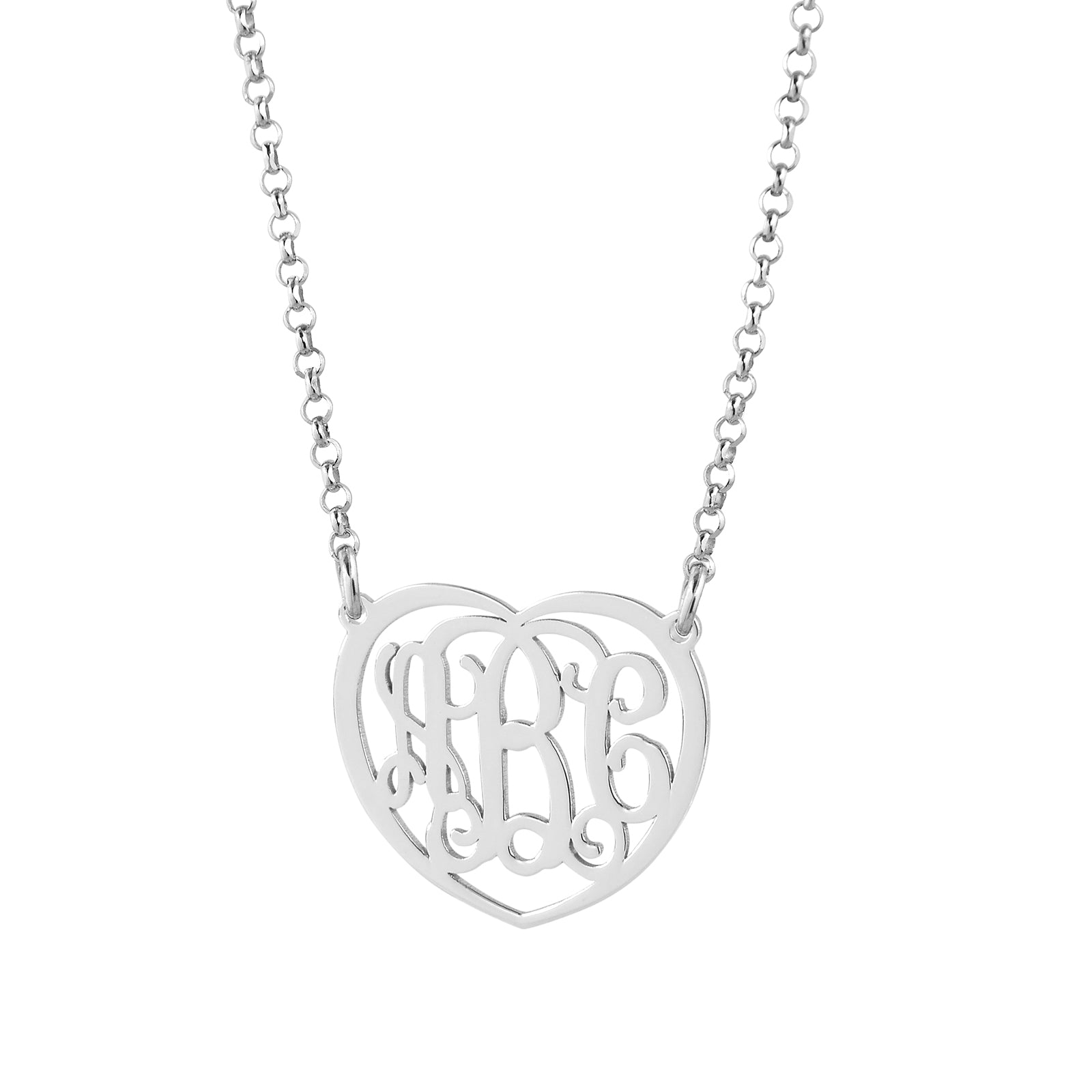 Sterling silver heart monogram pendant necklace with 3 custom script initials on a silver rolo chain