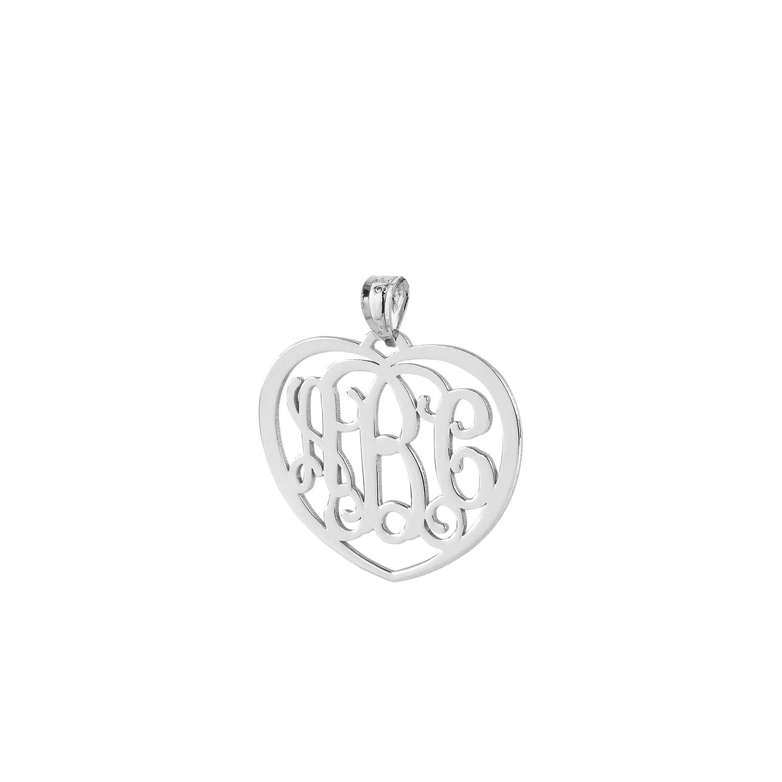 Sterling silver heart-shaped pendant featuring a 3-initial monogram design with an intricate cutout frame.