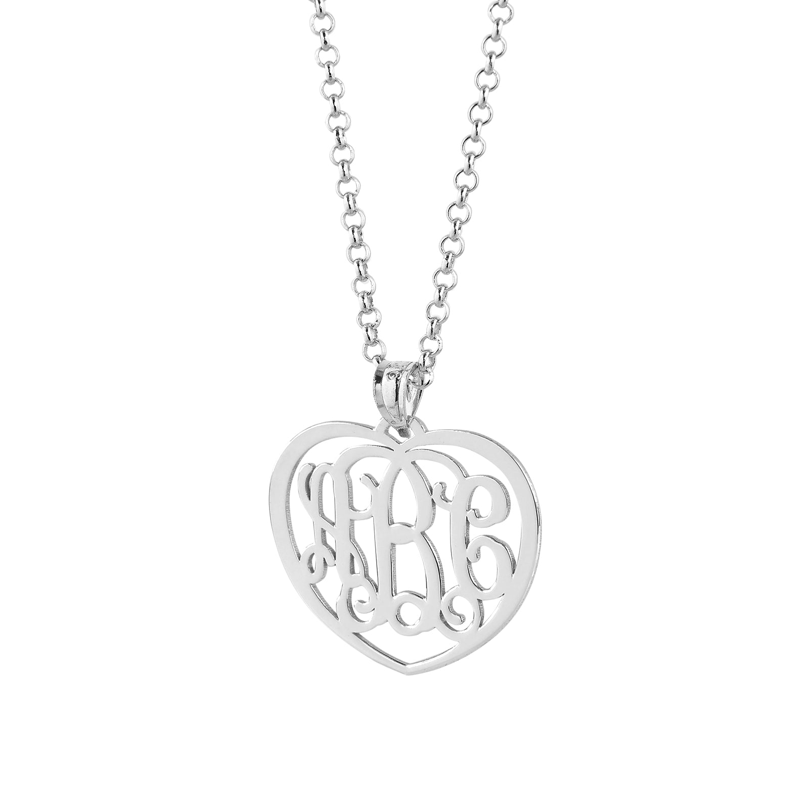 Woman wearing a personalized sterling silver 3-initial heart monogram pendant necklace.