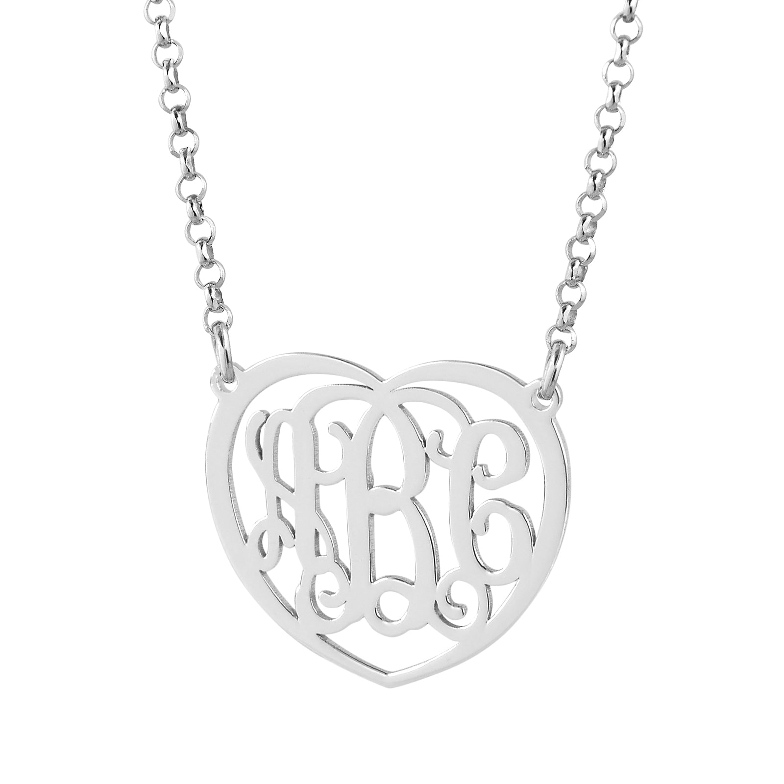 Personalized sterling silver heart-shaped monogram necklace with 3 cursive initials on a thin silver rolo chain.