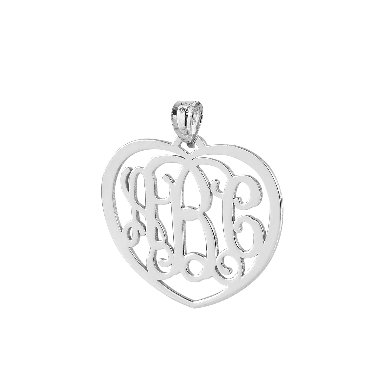 Sterling silver heart-shaped pendant featuring a laser-cut 3-initial monogram.