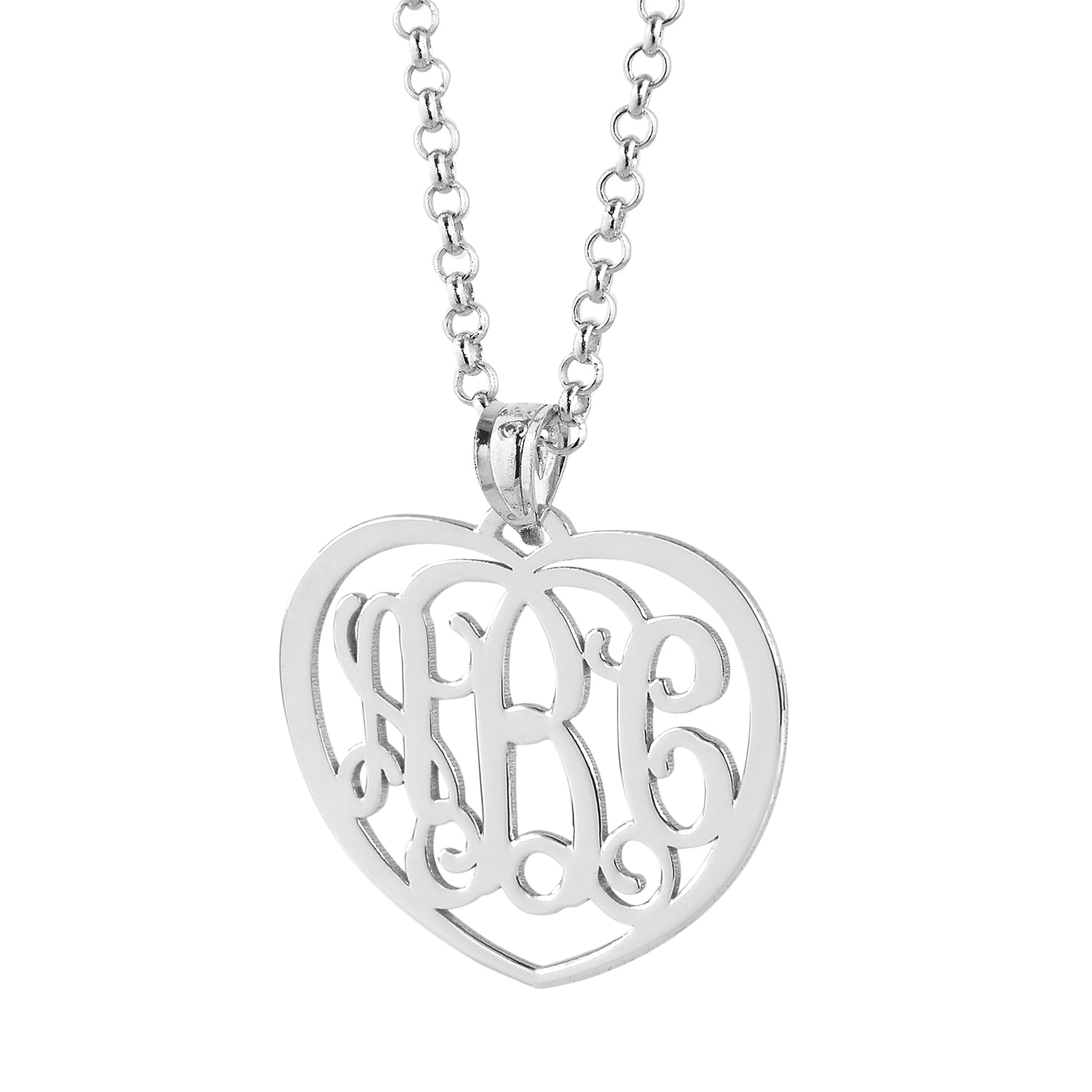 Personalized sterling silver heart monogram pendant displayed on a silver chain.