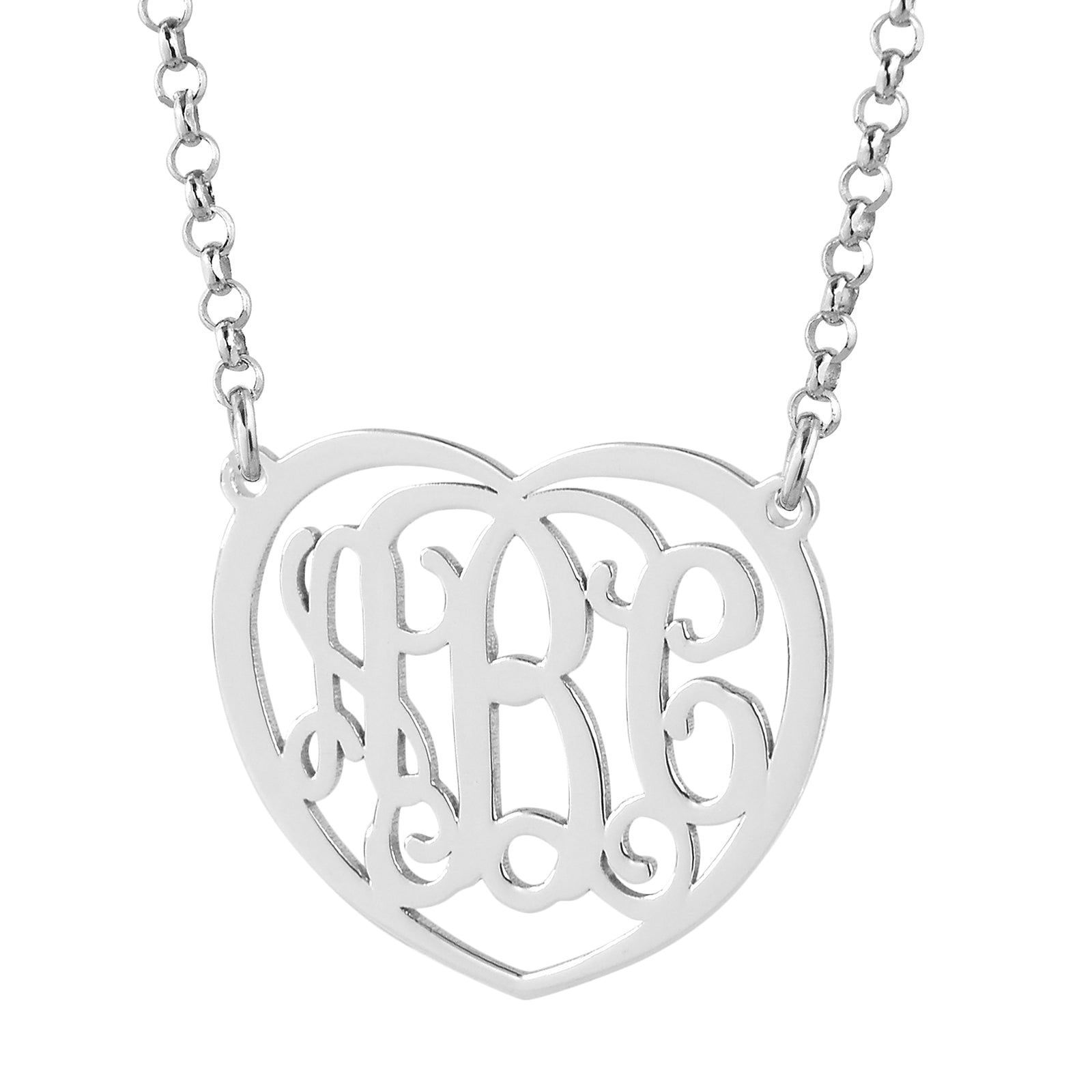 Personalized 1.25-inch sterling silver heart monogram pendant featuring intricate cursive 3-initial lettering on a silver chain.
