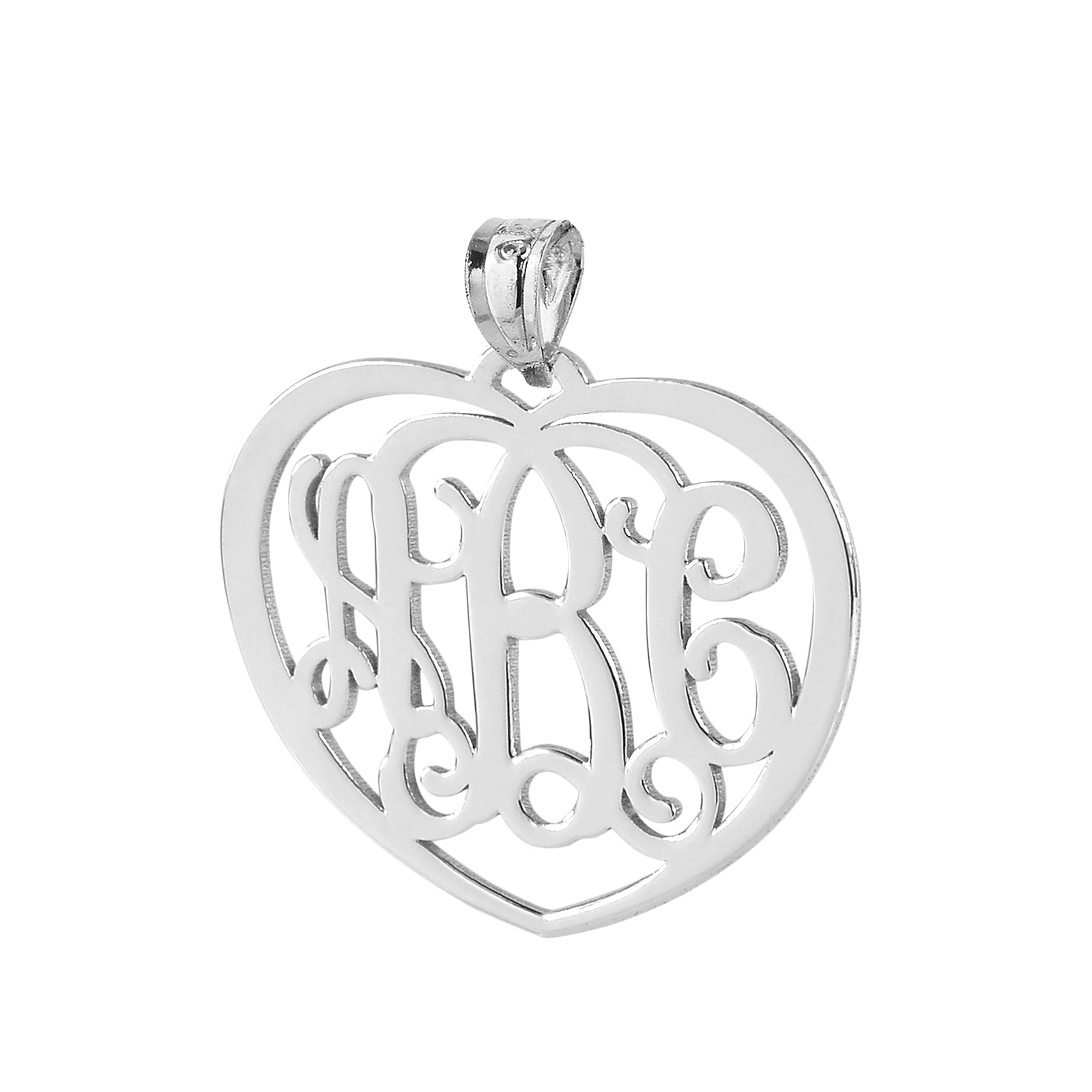 Silver heart monogram pendant featuring intricate cursive 3-letter initials cutout in polished sterling silver.