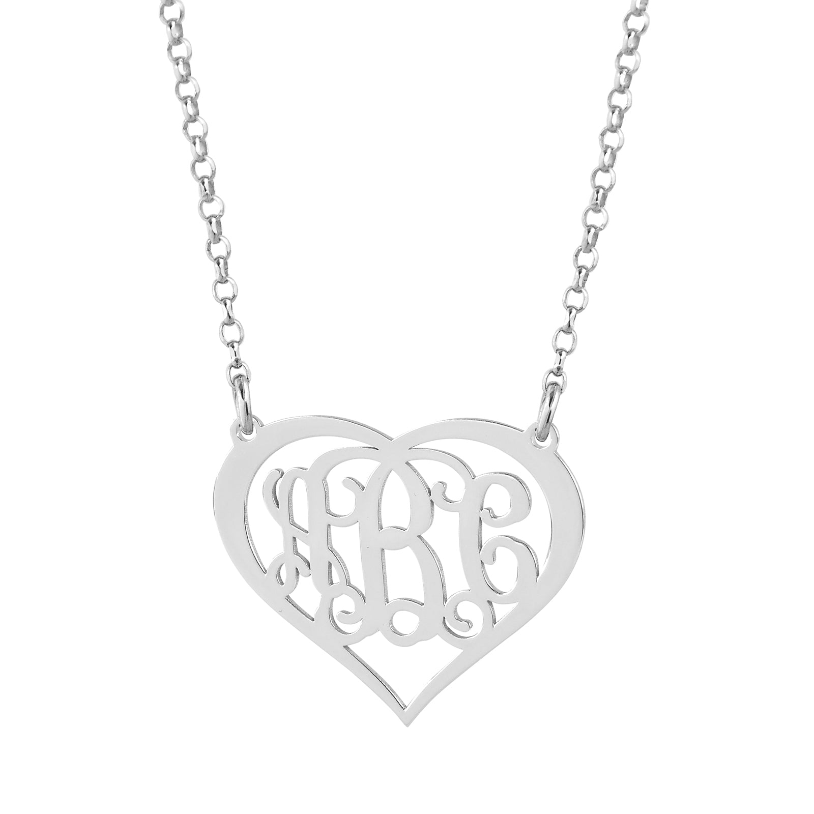 Personalized 1-inch heart-shaped sterling silver monogram necklace pendant featuring intricate 3-initial custom engraving on a silver chain.