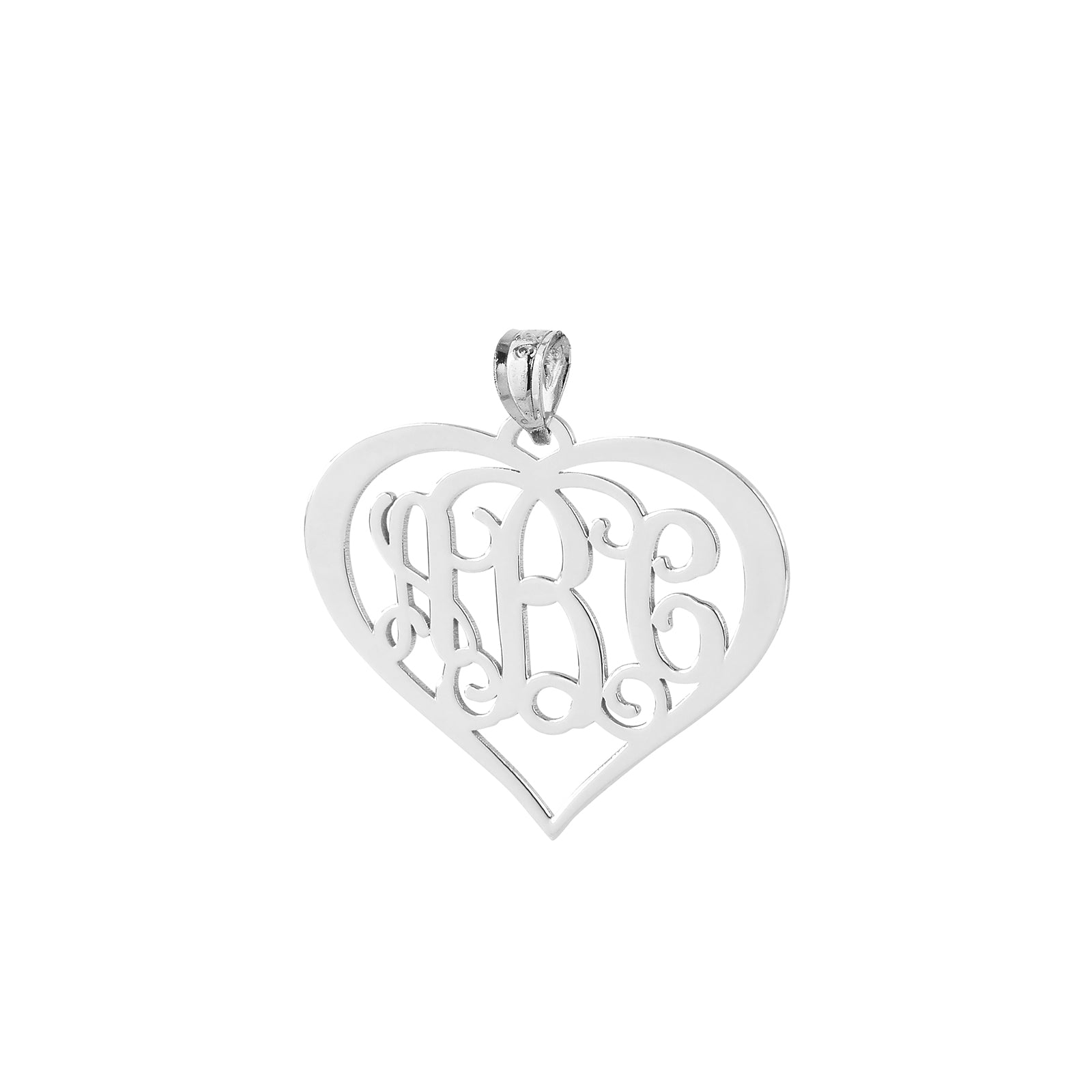 Personalized 925 sterling silver 3-initial heart monogram pendant close-up on a white background