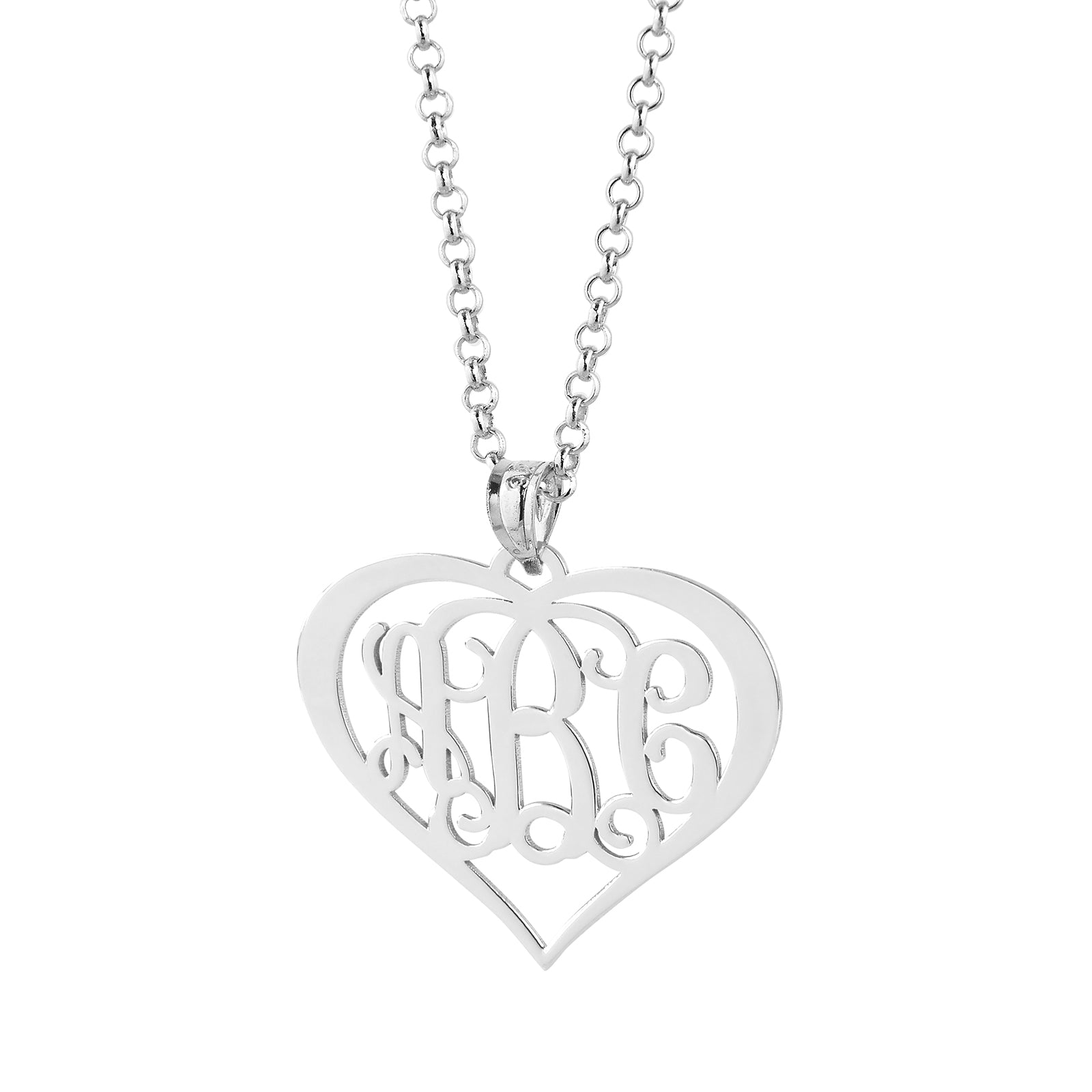 Laser-cut 925 sterling silver heart monogram pendant featuring custom cursive initials