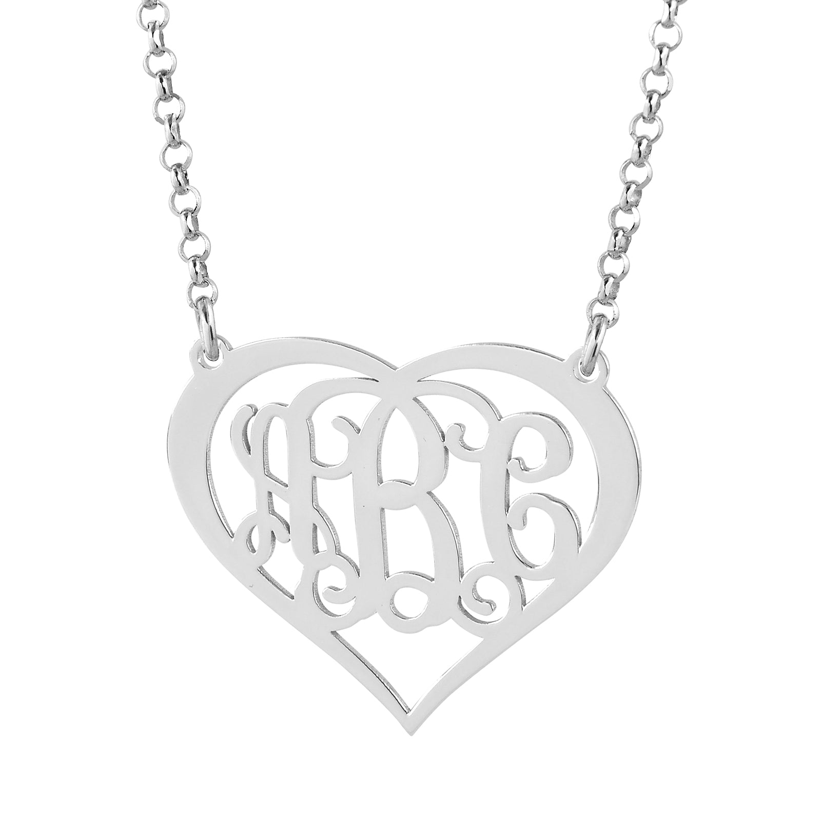 Personalized sterling silver heart-shaped monogram pendant featuring 3 script initials on a 16-inch rolo chain.
