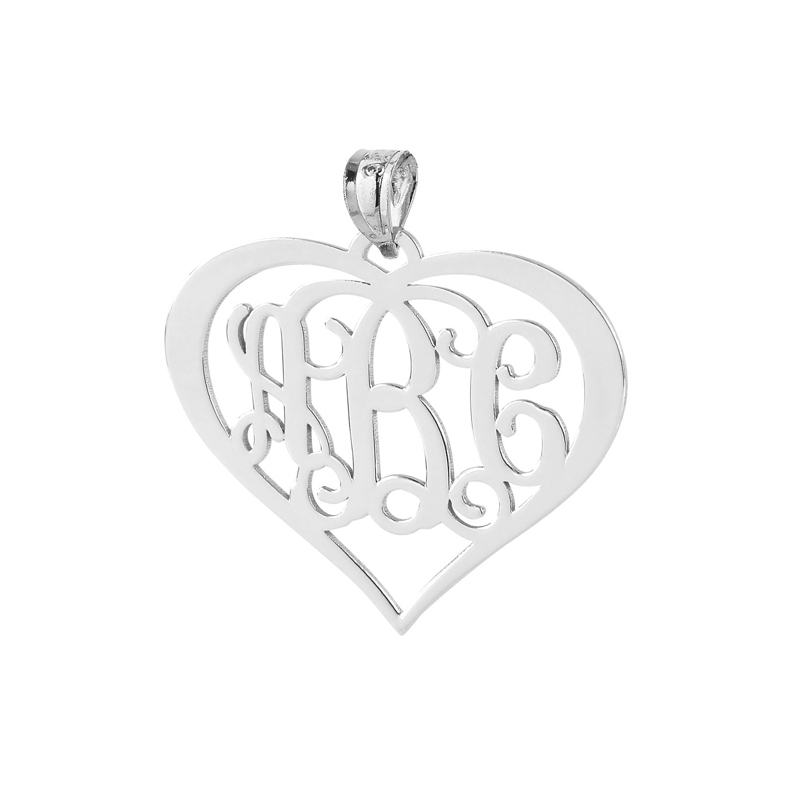 Personalized 1.25-inch sterling silver heart monogram pendant featuring polished script initial engraving