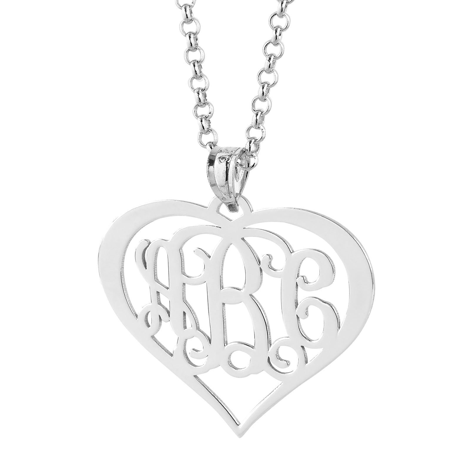 Close-up front view of the laser-cut sterling silver heart-shaped 3-initial monogram pendant