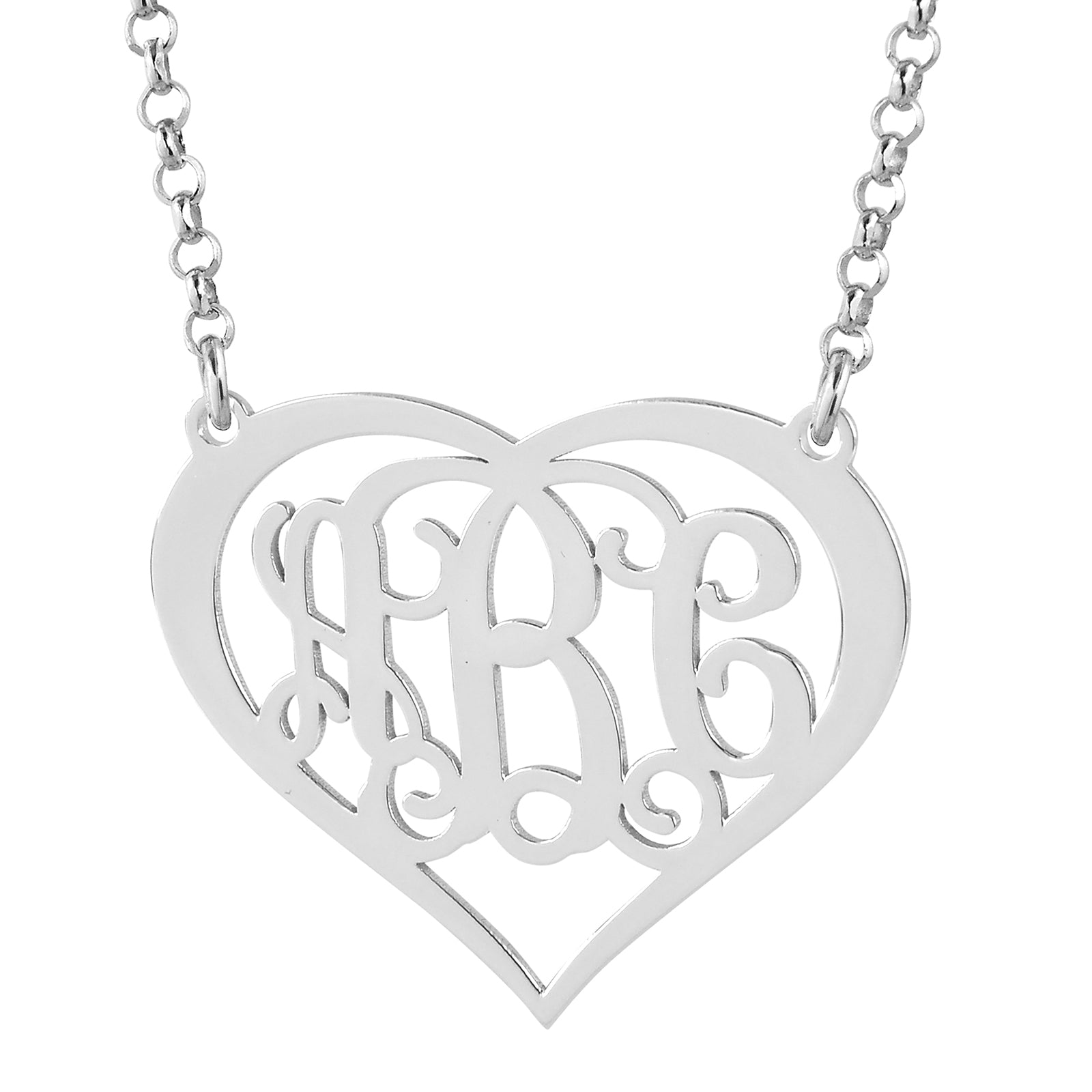 Sterling silver heart-shaped 3-initial monogram pendant necklace featuring intricate script lettering on a silver chain.