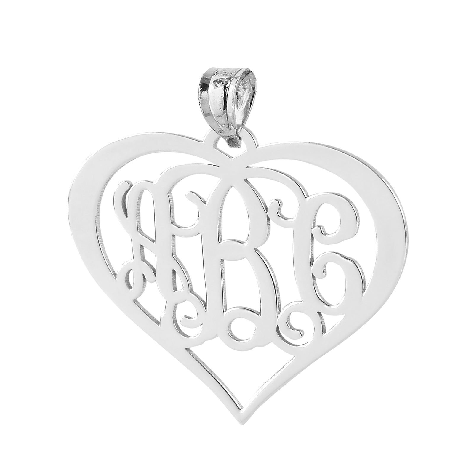 Personalized sterling silver heart 3-initial monogram necklace, 1.5 inches wide, on a white background