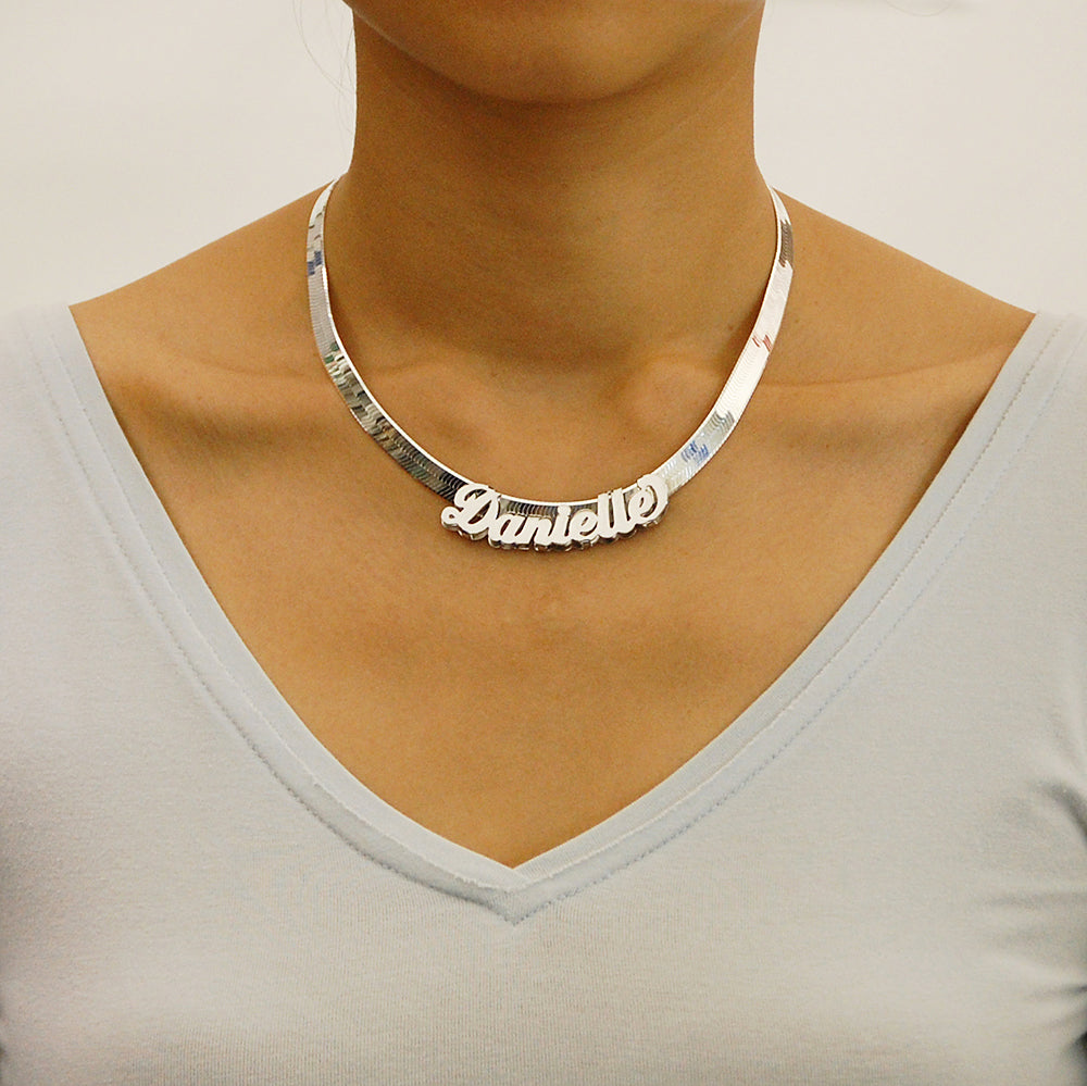 Sterling Silver 3D Personalized Shiny Curved Name Slider 8 mm Herringbone Custom Made