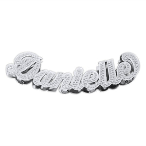 Custom sterling silver 3D cursive script name necklace featuring diamond accents on uppercase letters, displayed on a white background.