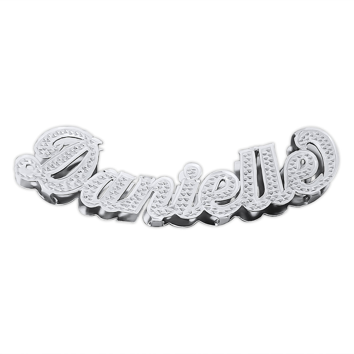 Custom sterling silver 3D cursive script name necklace featuring diamond accents on uppercase letters, displayed on a white background.