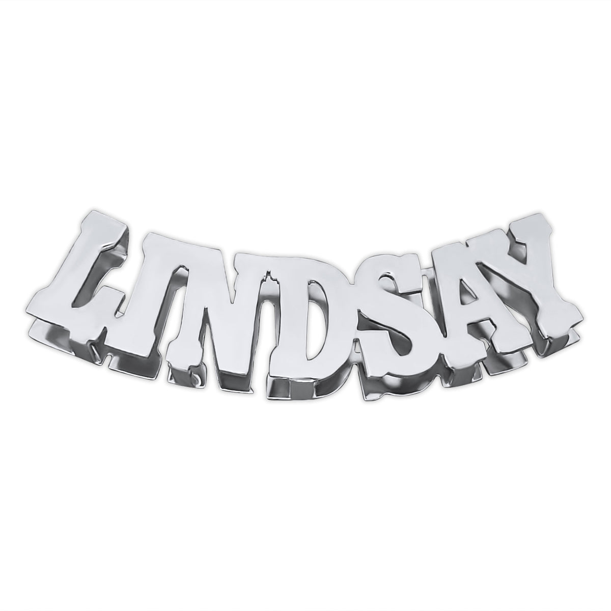 Personalized 3D block letter name pendant spelling "LINDSAY" in sterling silver.