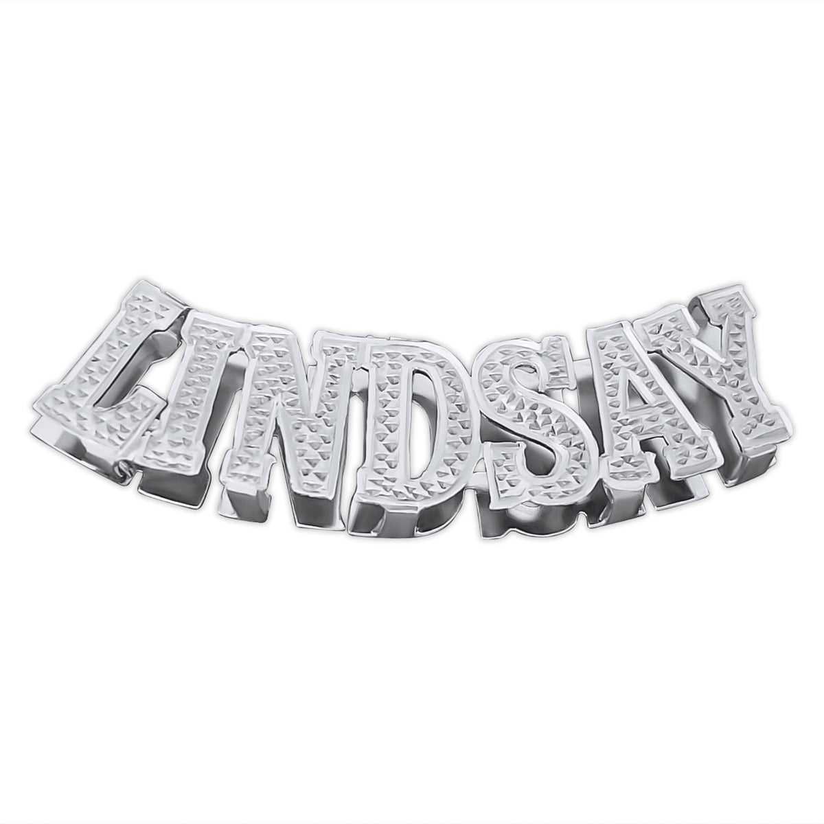 Personalized sterling silver 3D nameplate pendant reading "LINDSAY" with diamond-accented block lettering on a polished finish.