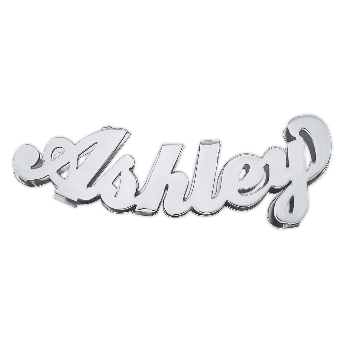 Large 3D sterling silver curved nameplate pendant spelling "Ashley" in bold cursive script with a high-shine polished finish.