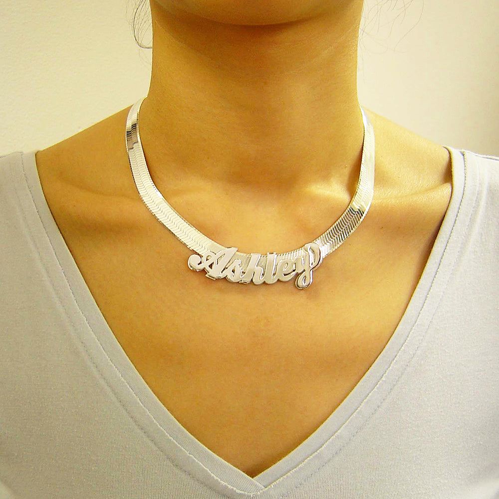 Large Sterling Silver 3D Name Necklace Curved Slider Shiny Bold Cursive 10 mm Herringbone SND96