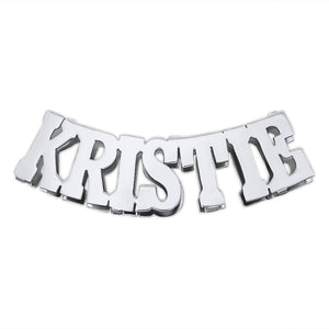 Silver 925 sterling silver 3D block font custom nameplate pendant spelling "KRISTIE" with a high-polished rhodium finish, isolated on a white background.