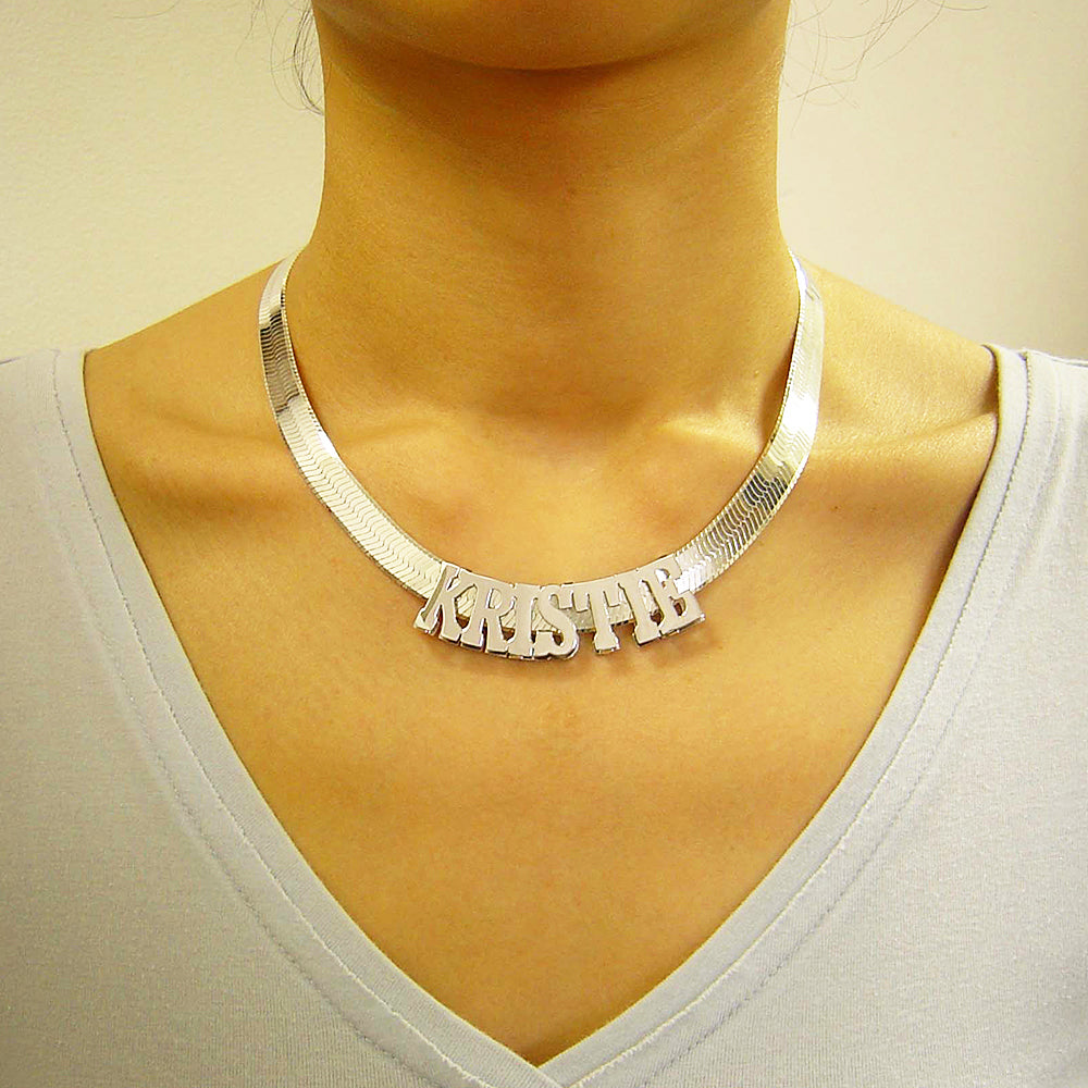 925 Silver 3D Shiny Block Font Name Pendant Necklace Curved Slider 10 mm Herringbone Chain SND98