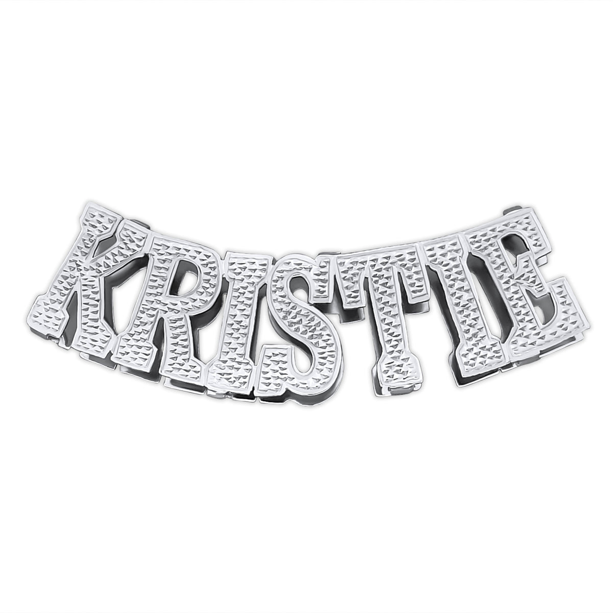 Personalized sterling silver 3D curved name pendant spelling "Kristie" with diamond-cut accents on a white background