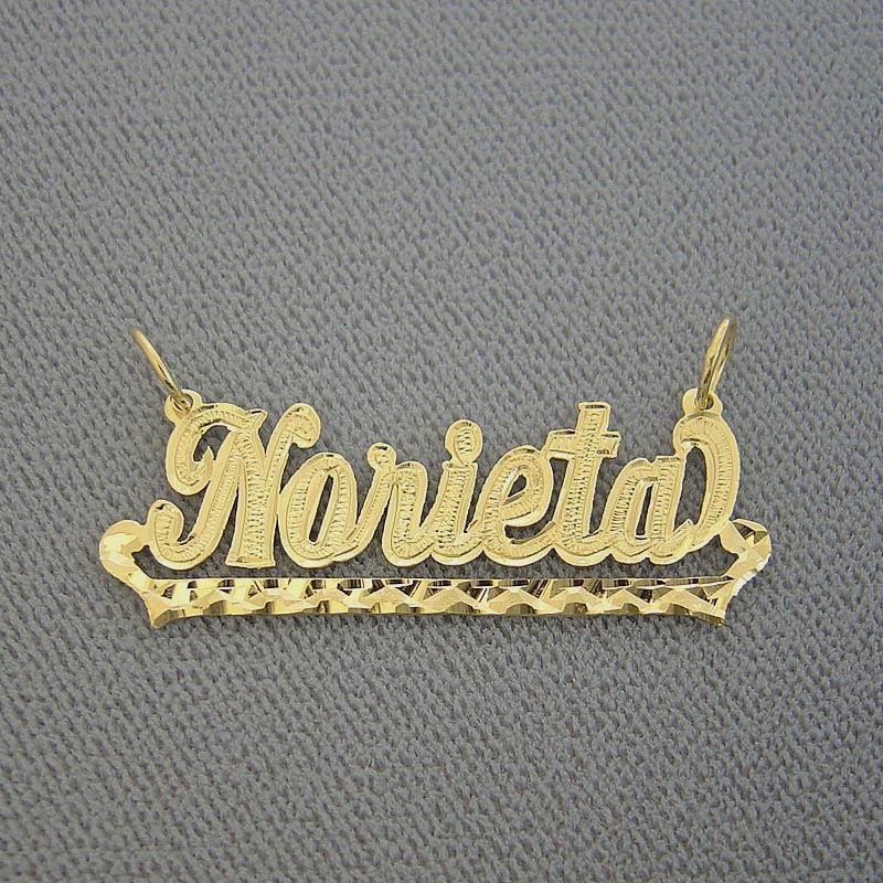 Custom 10k or 14k solid yellow gold cursive name pendant spelling 'Marieta' with a diamond-cut outlined border.