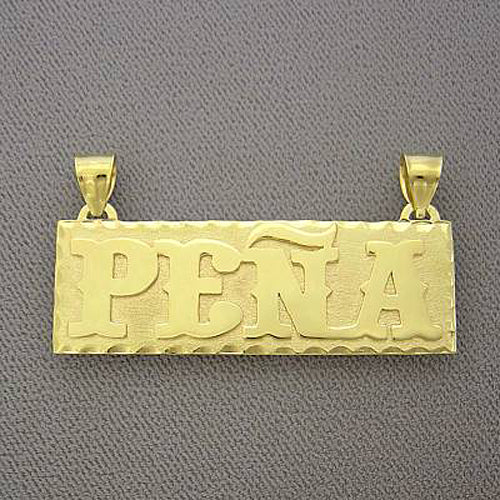 Front view of handcrafted custom 10k yellow gold rectangular nameplate pendant with diamond-cut edges.