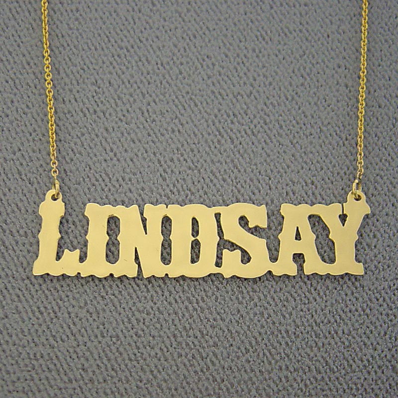 Custom solid 10k yellow gold western font name necklace spelling Lindsay.